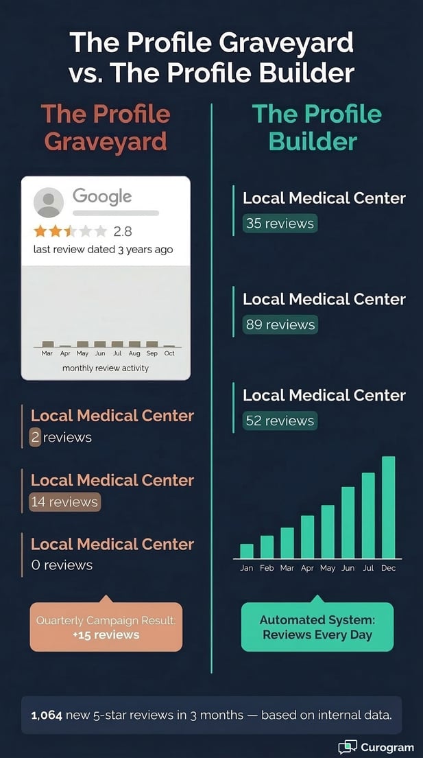 'Profile Graveyard' versus 'Profile Builder' business reviews infographic