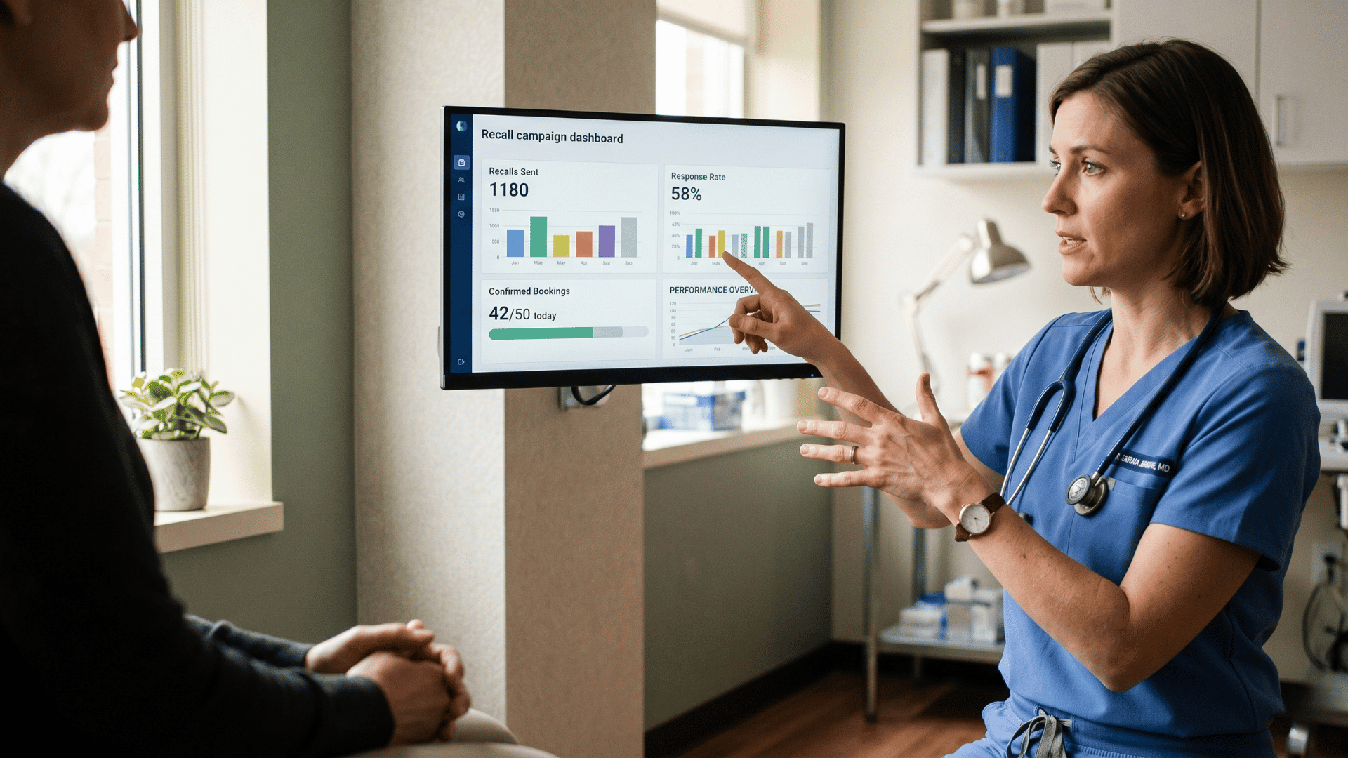 Clinician reviewing patient recall campaign results on an exam room screen during a visit.