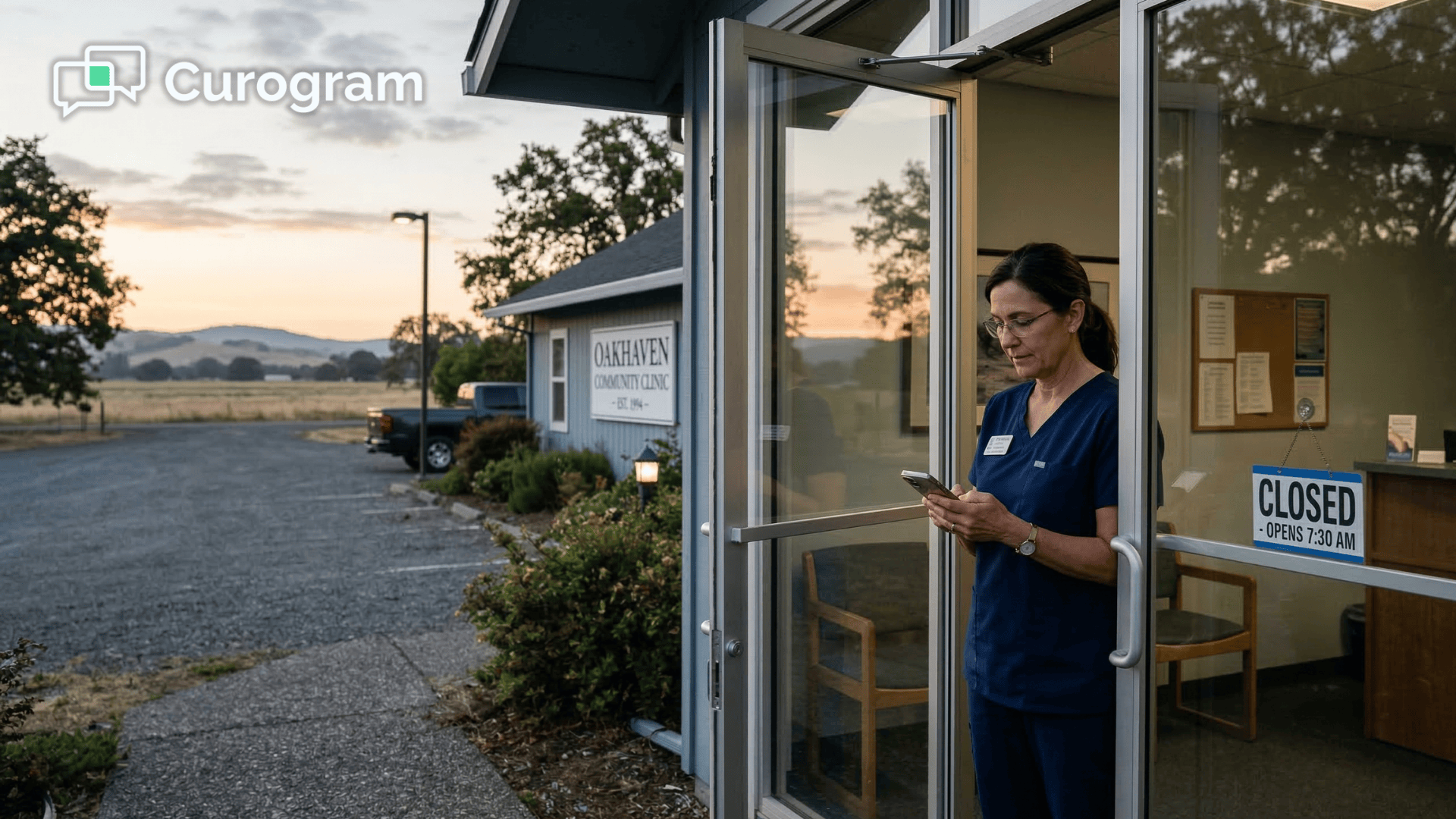 Rural clinic staff sending mass text alerts to patients on Azalea Health at dawn