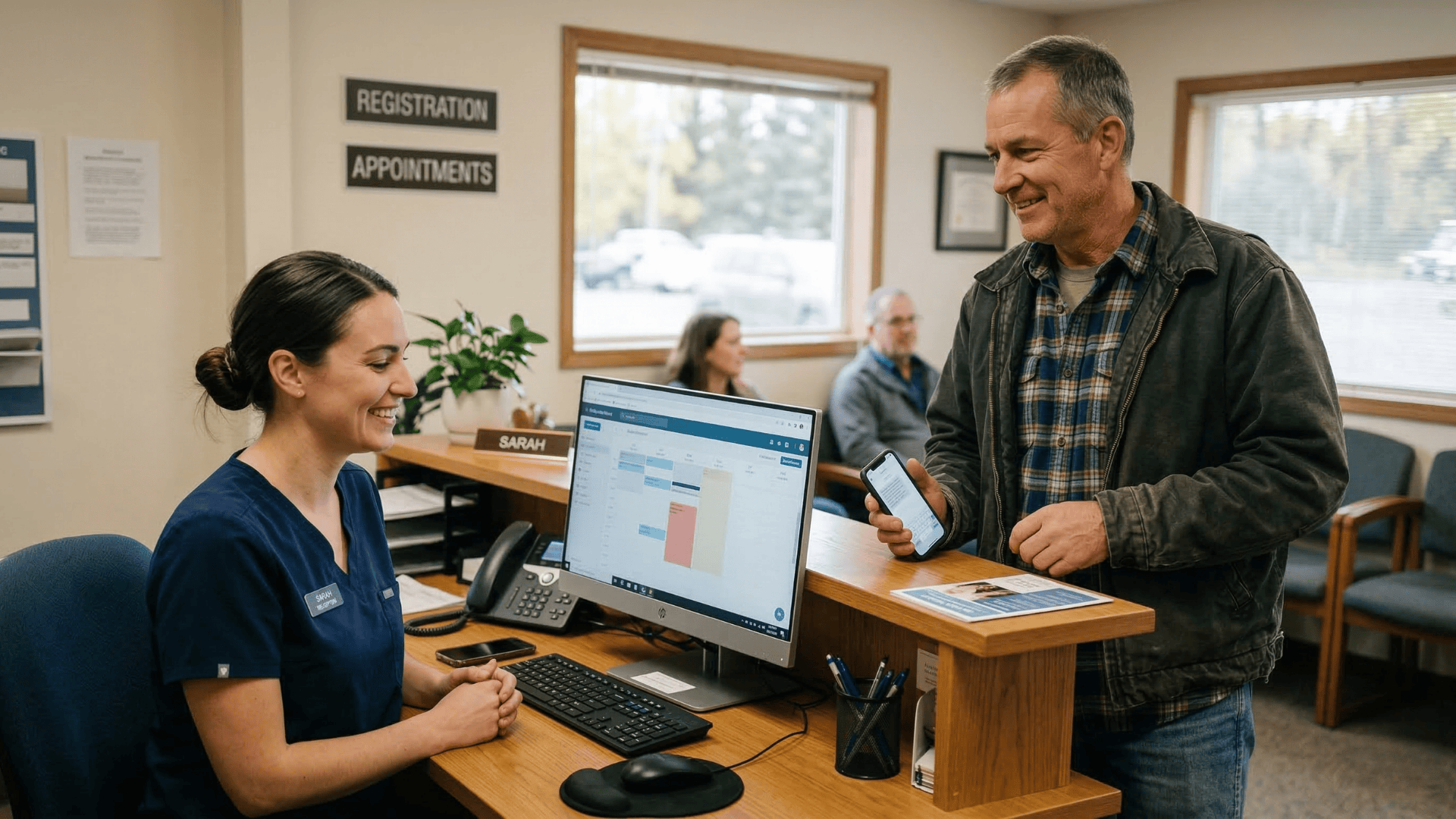 Front desk staff confirming patient appointment after receiving a mass text alert