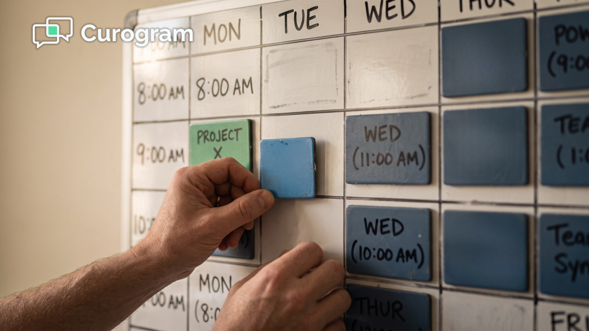 Hands moving a group session tile to a new time on a weekly behavioral health schedule board