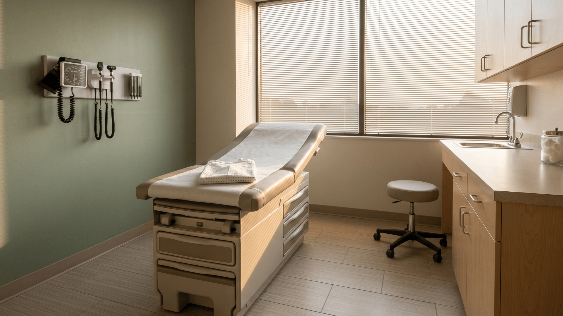 Empty modern exam room prepared for a returning patient's recall appointment in a medical practice