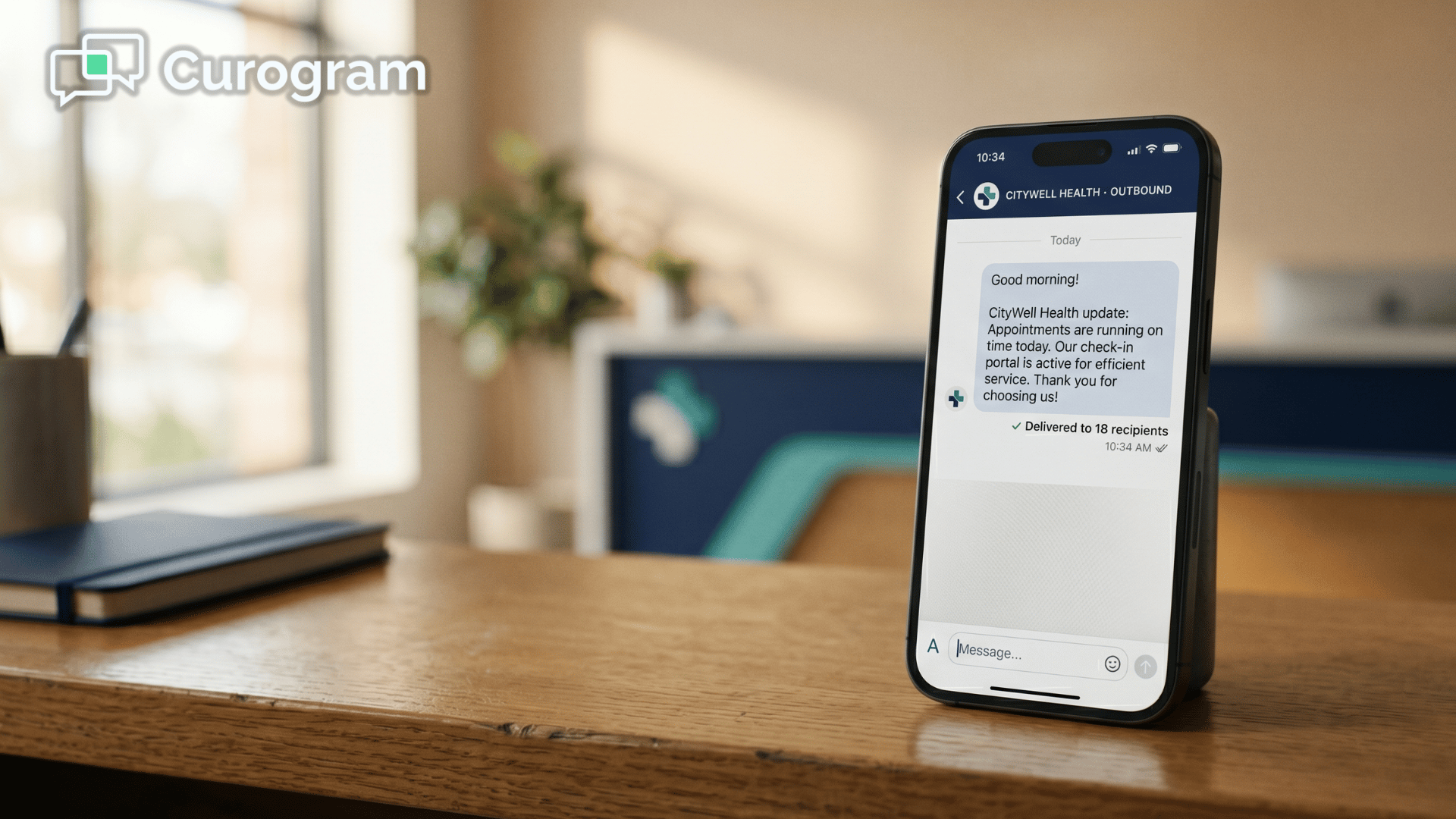 Smartphone sending a broadcast text to multiple patients during a clinic schedule disruption