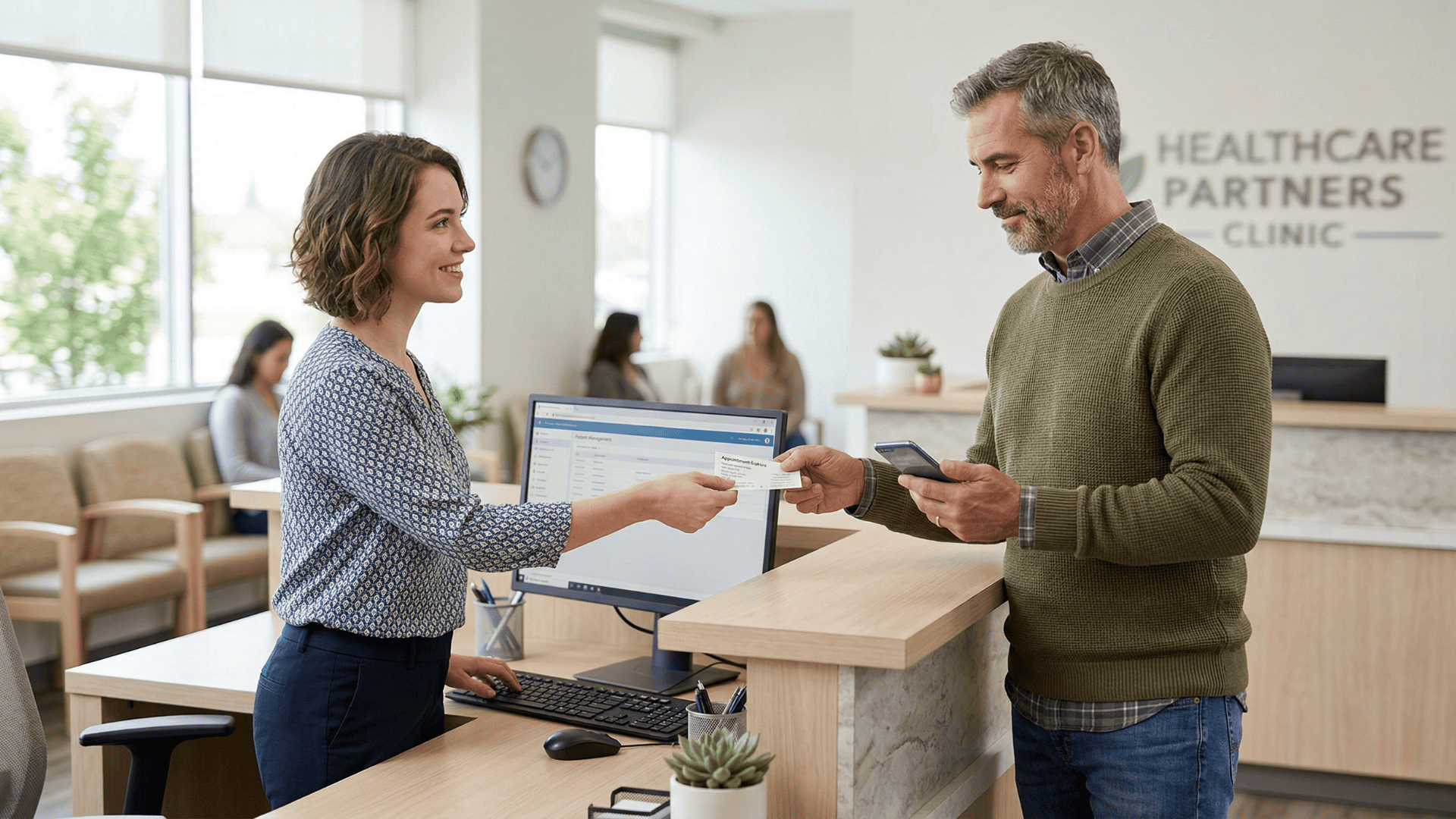 Receptionist and patient at clinic front desk after receiving a mass text appointment reminder