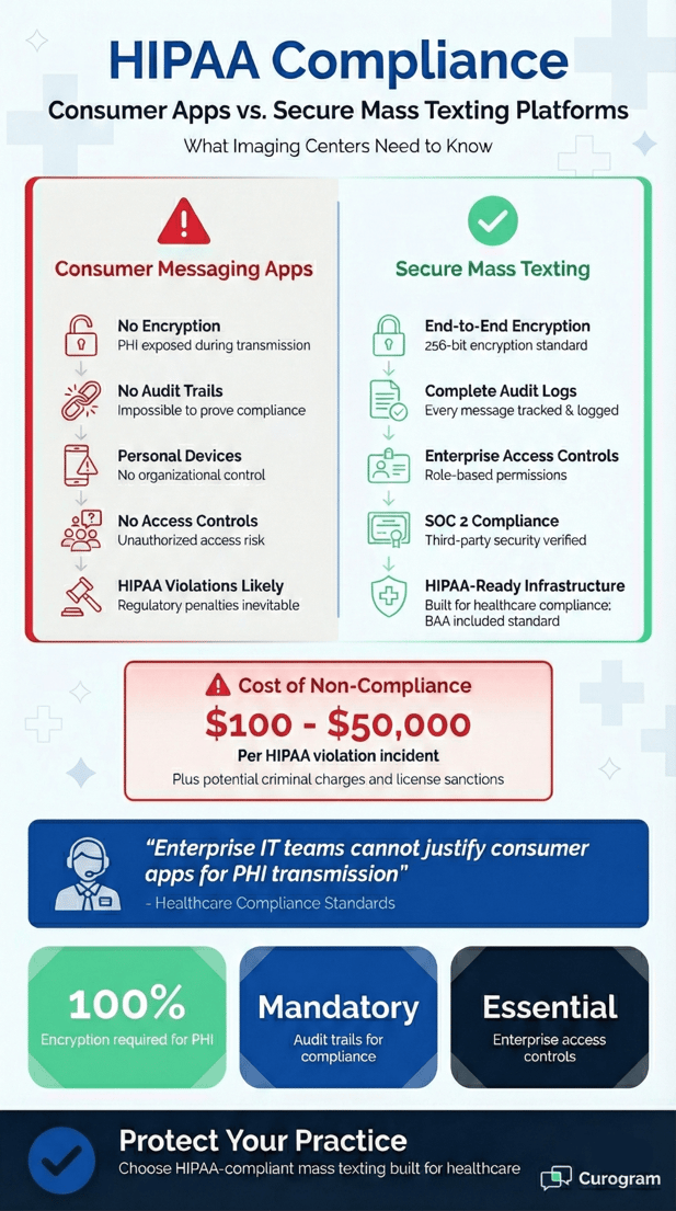 HIPAA compliance comparison chart for consumer apps vs secure mass texting platforms