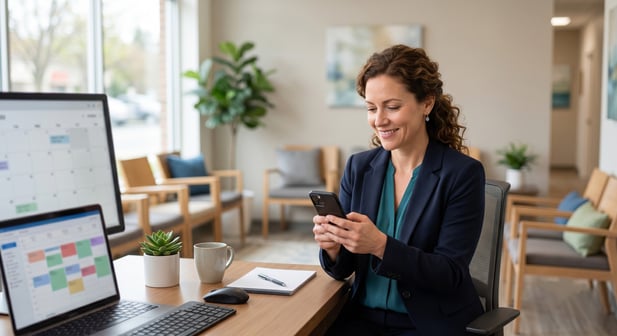 Clinic manager using SMS client recall on a phone at a behavioral health front desk