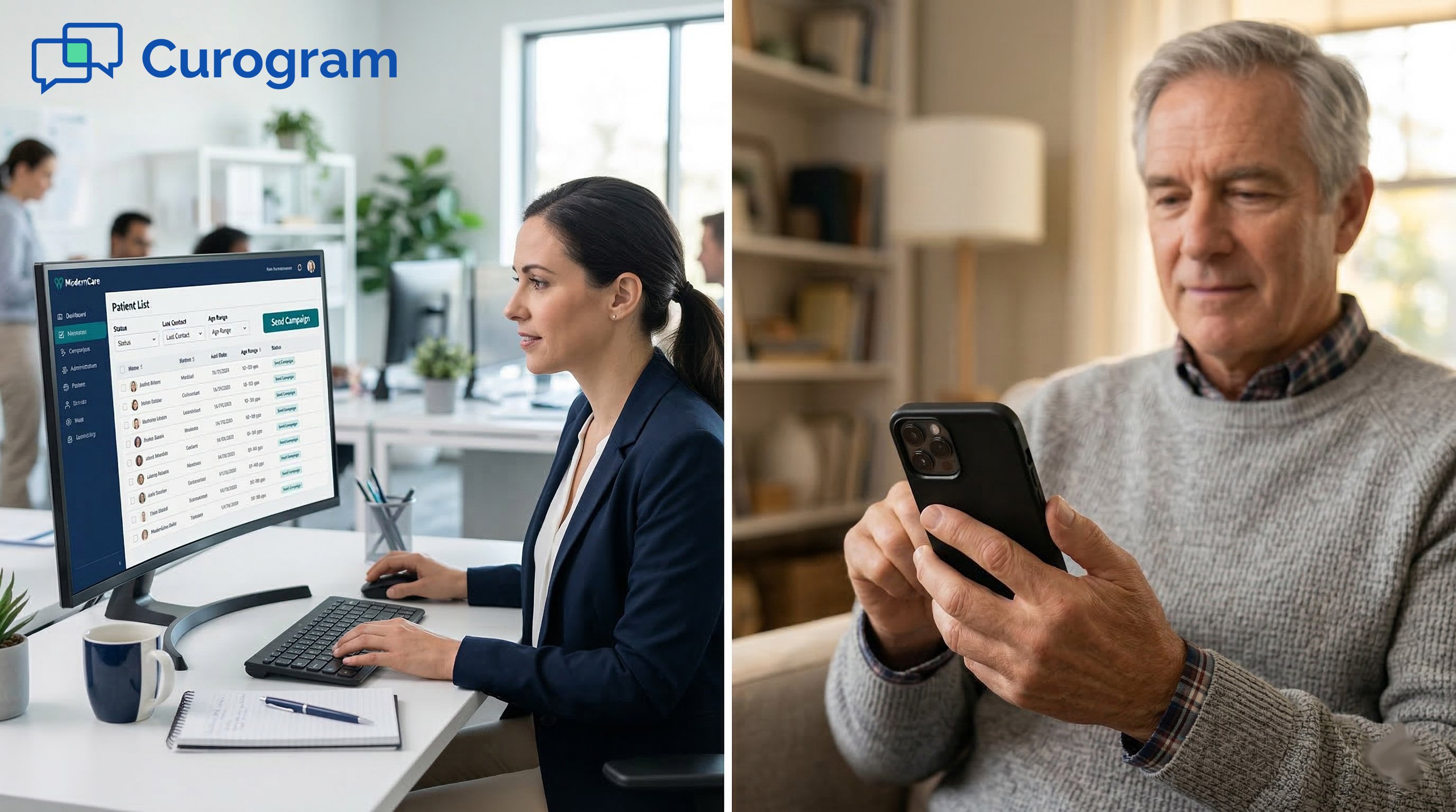 A healthcare worker manages software as an elderly patient checks a mobile health reminder