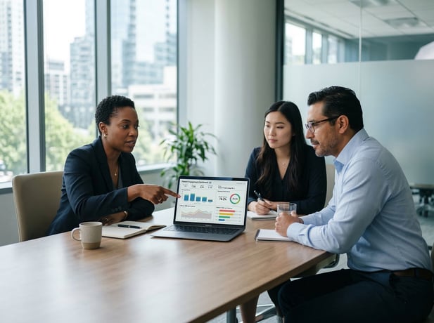 A medical administrative team analyzes patient outreach data on a laptop dashboard