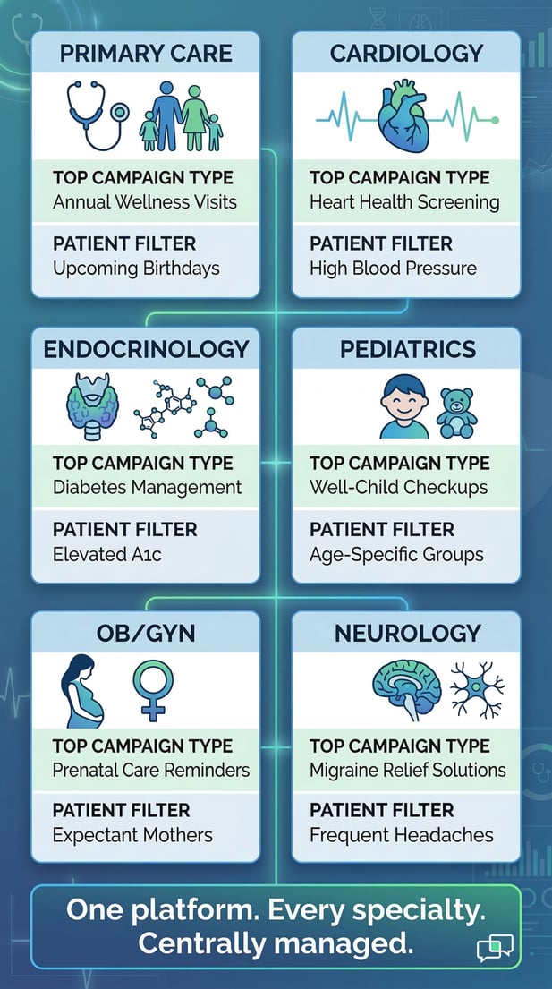An infographic detailing tailored patient campaigns across multiple medical specialties