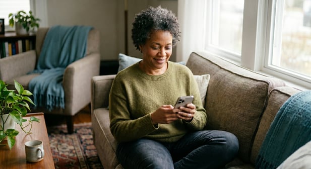Candid portrait: an older woman feels cared for and re-engages with a healthcare text
