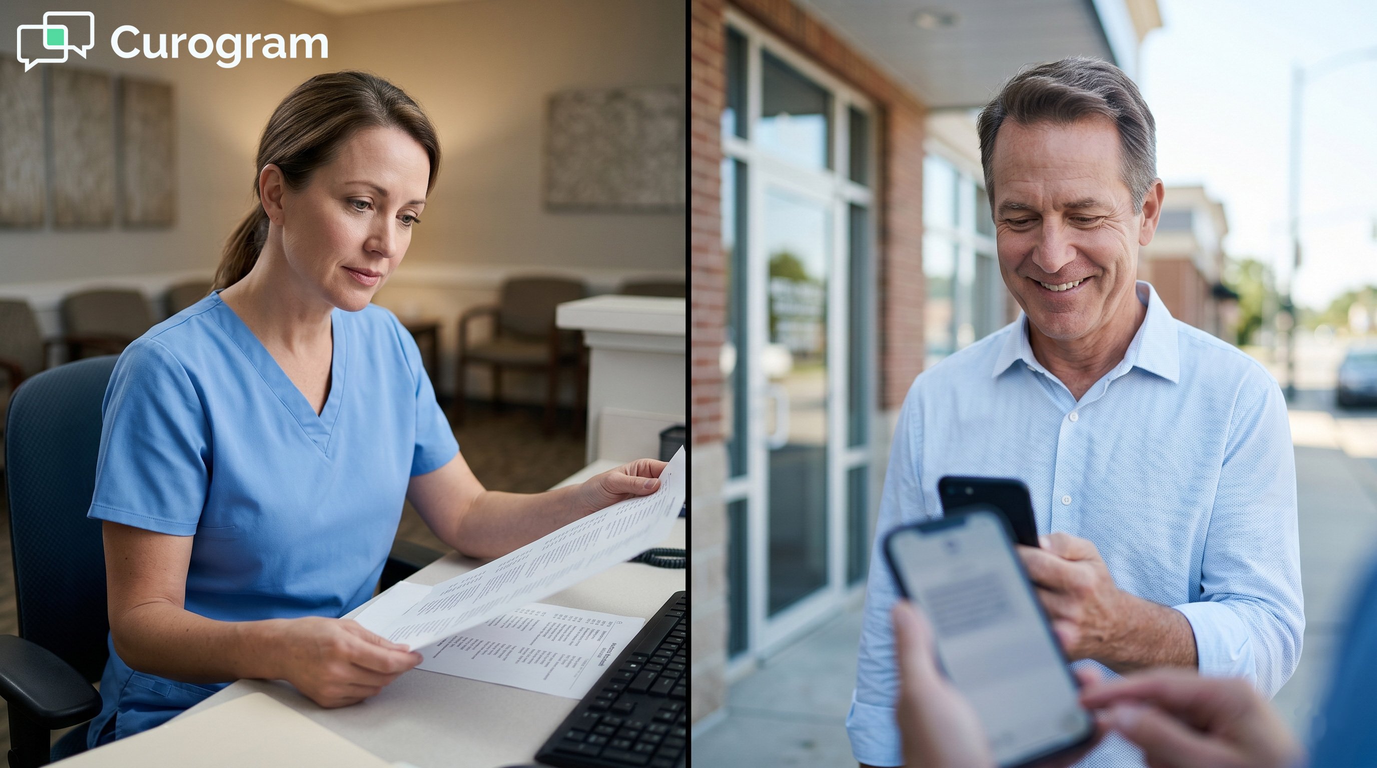 Diptych showing lapsed patient recall: administrator views list, then patient books via text