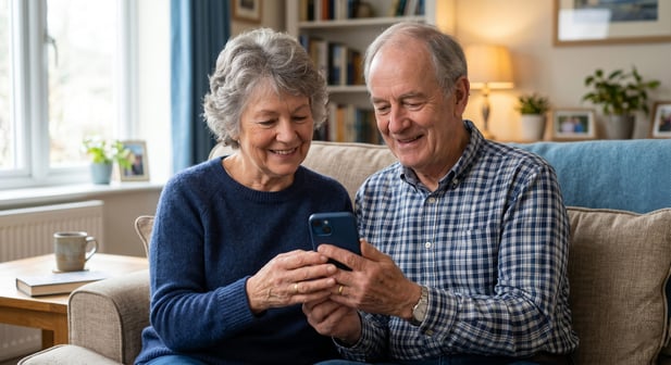 Professional photo of smiling seniors using smartphone, authentic visual for patient engagement content