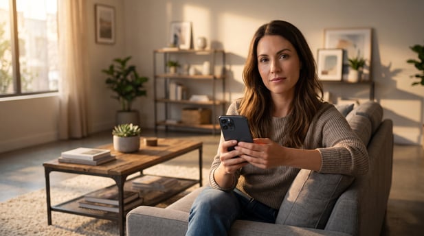 Woman in her living room holding a smartphone