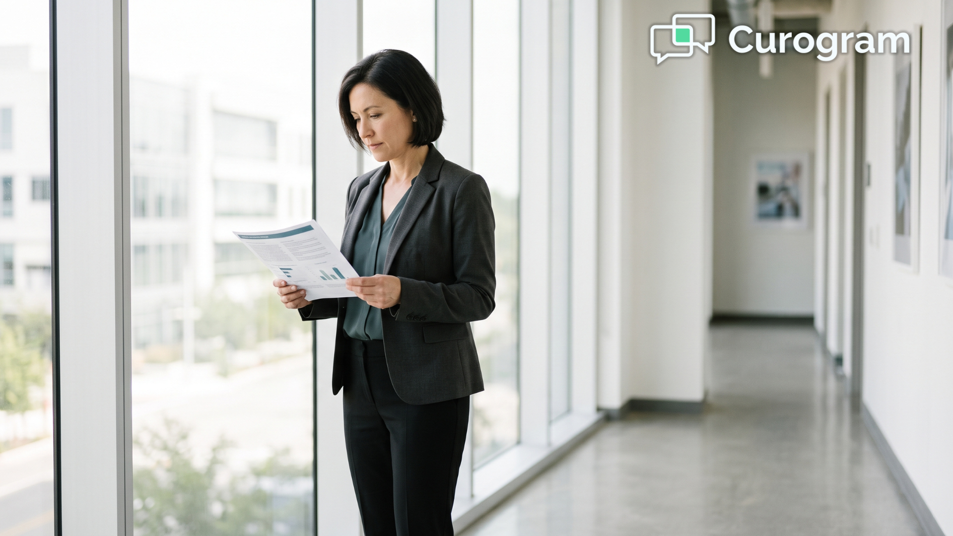 Healthcare operations director reviewing per-location patient response time reports