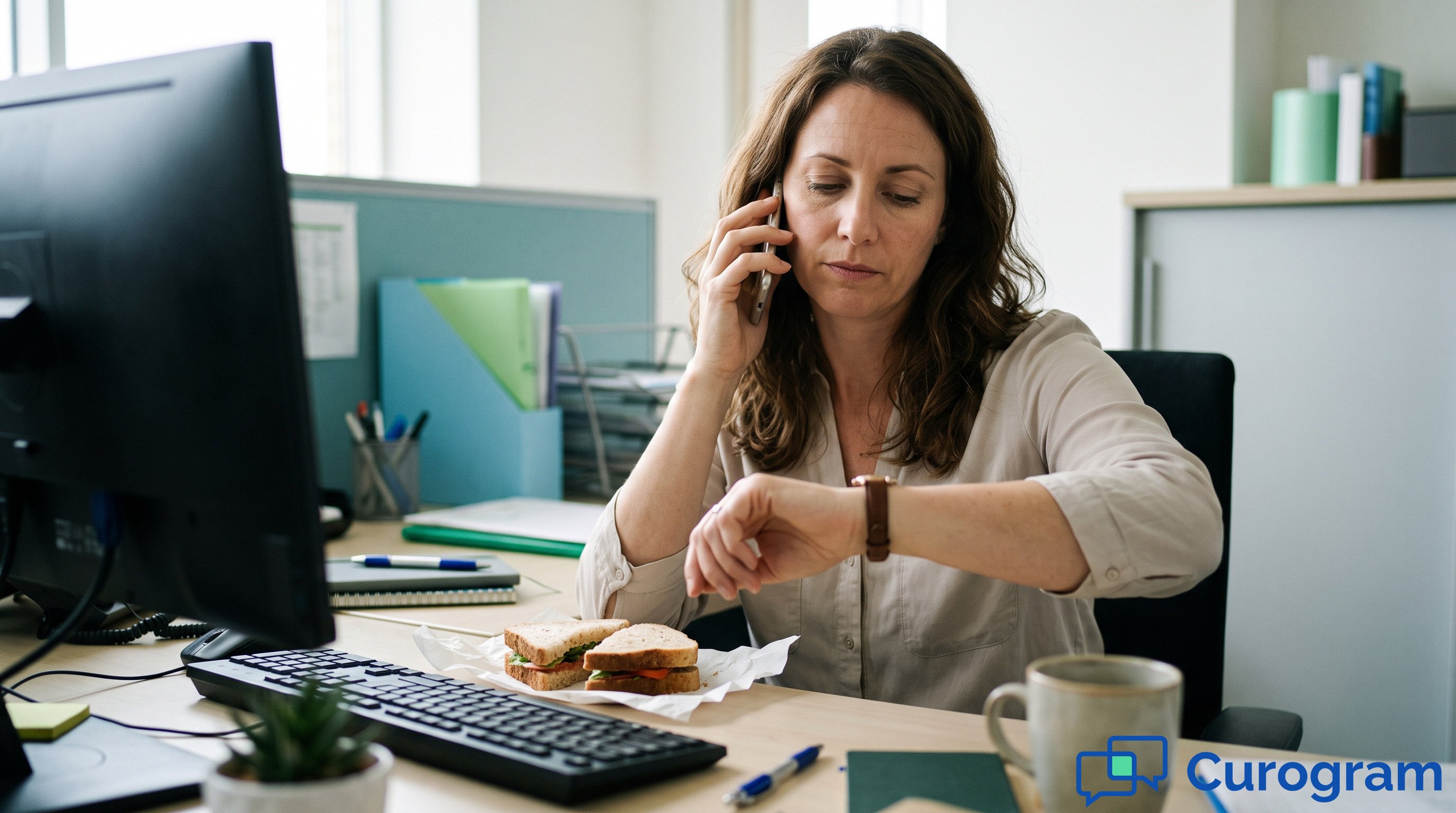 Woman checking watch while waiting on phone hold at her office desk