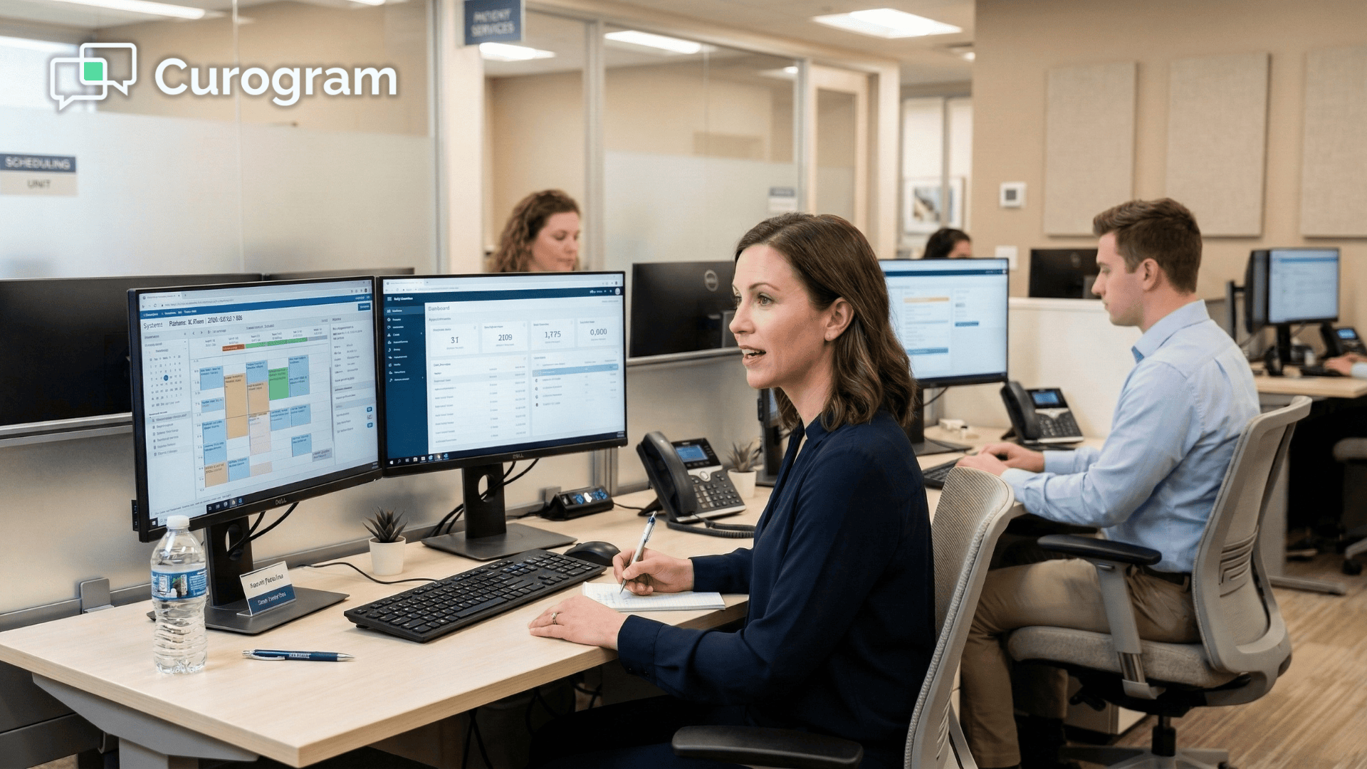 Healthcare call center staff managing patient calls at a medical front office