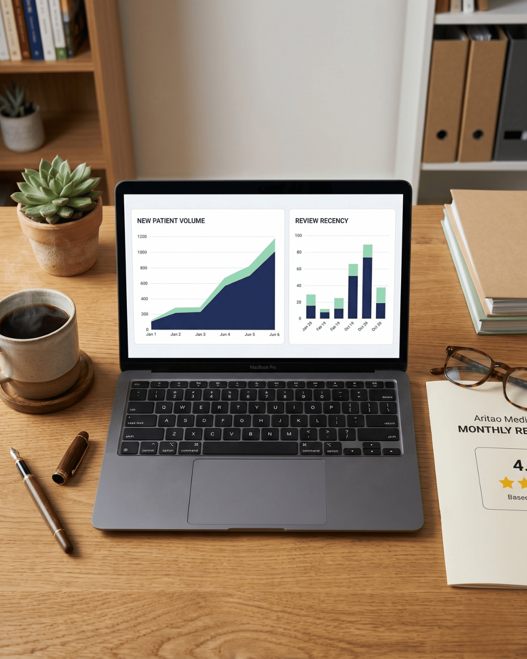 Flat-lay of a desk with a laptop showing patient volume analytics and a printed practice report with star rating.