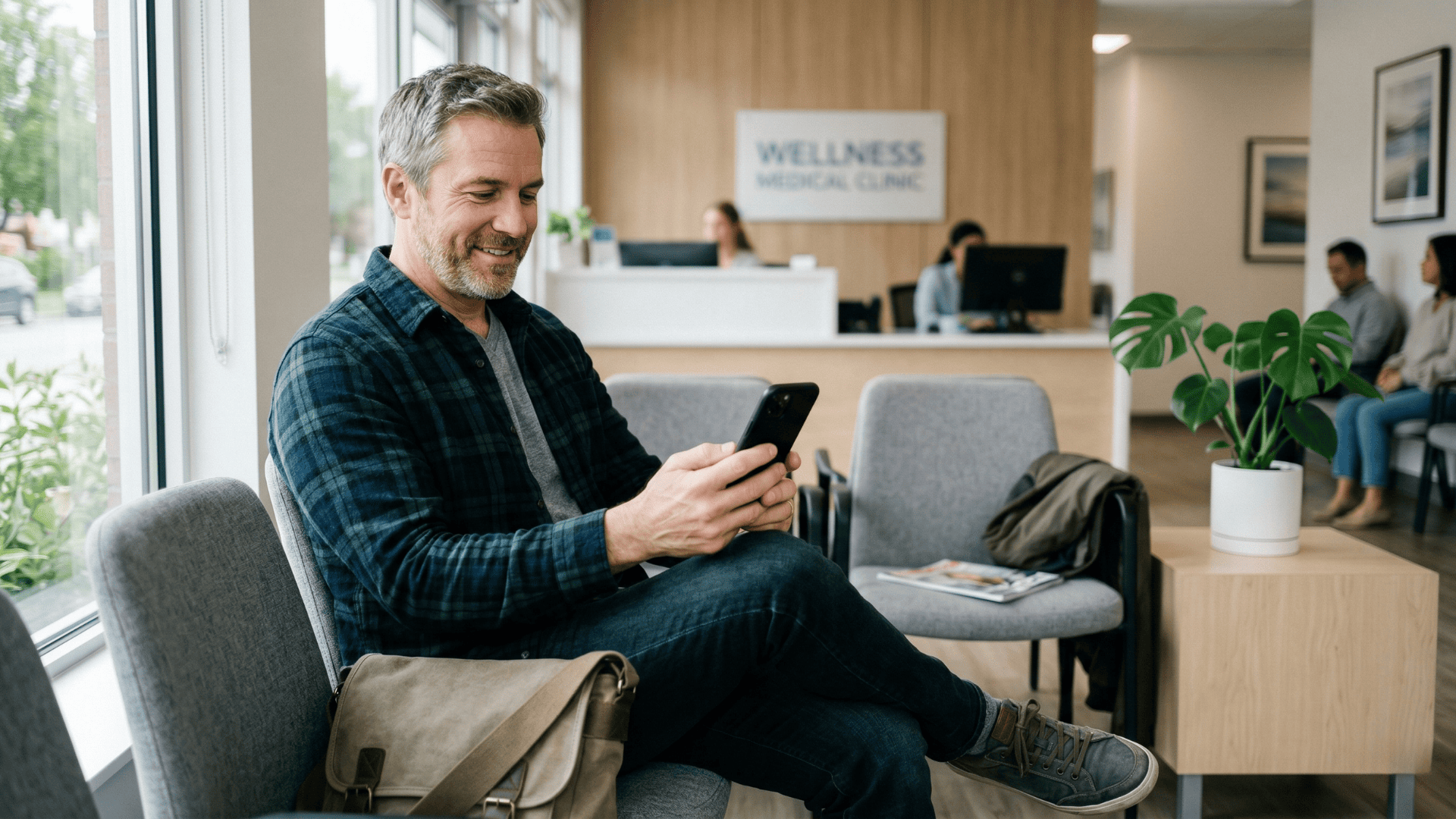 Patient reading a medical text message reminder on his phone in a clinic