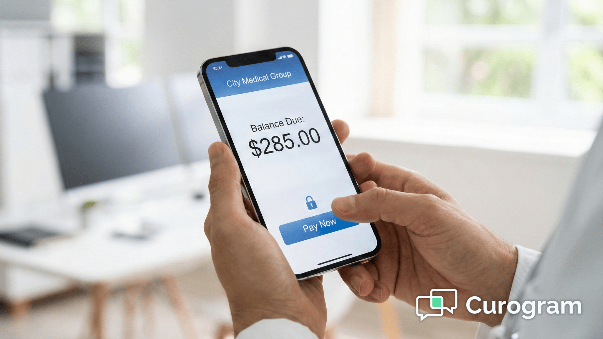 Patient using smartphone to pay medical bill via secure text-to-pay link in clinic