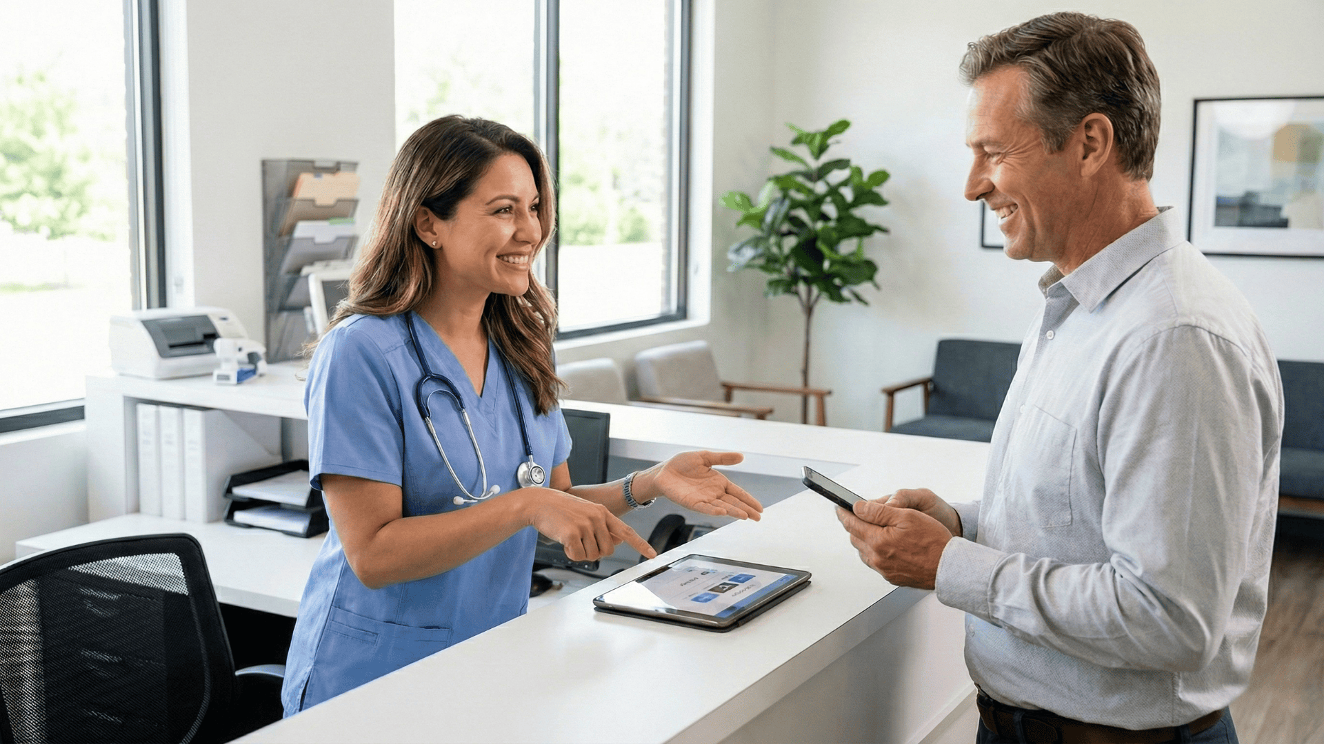 Medical receptionist helping patient with mobile payment at modern practice front desk