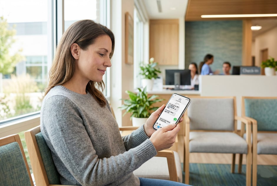 A patient in a waiting room looks at an appointment confirmation text on her phone