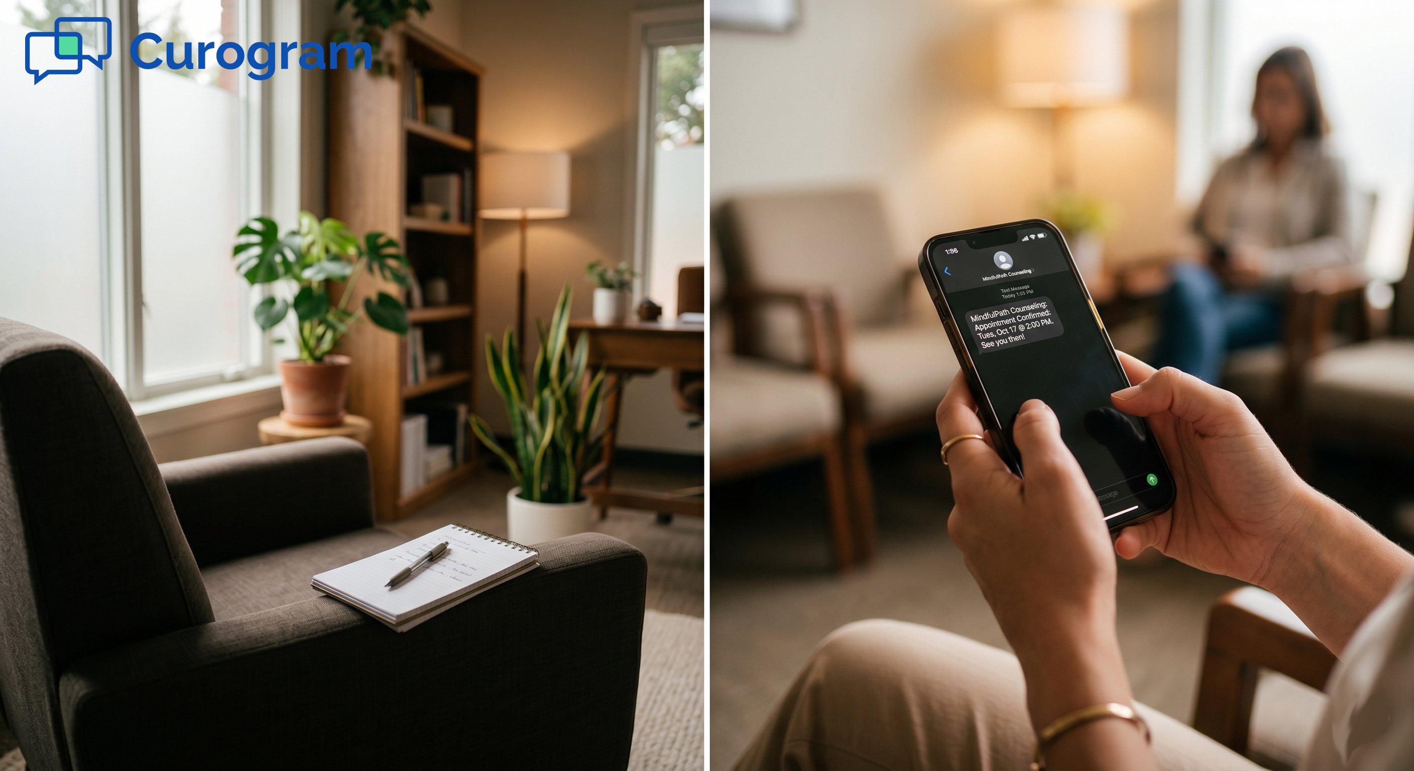 Split photo of empty therapy chair and hands holding phone with confirmation text