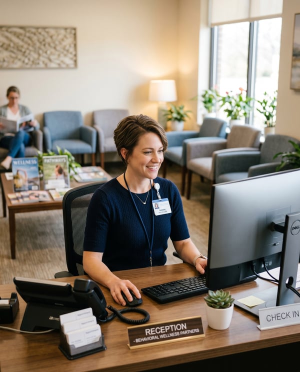 Smiling behavioral health receptionist using scheduling software at front desk