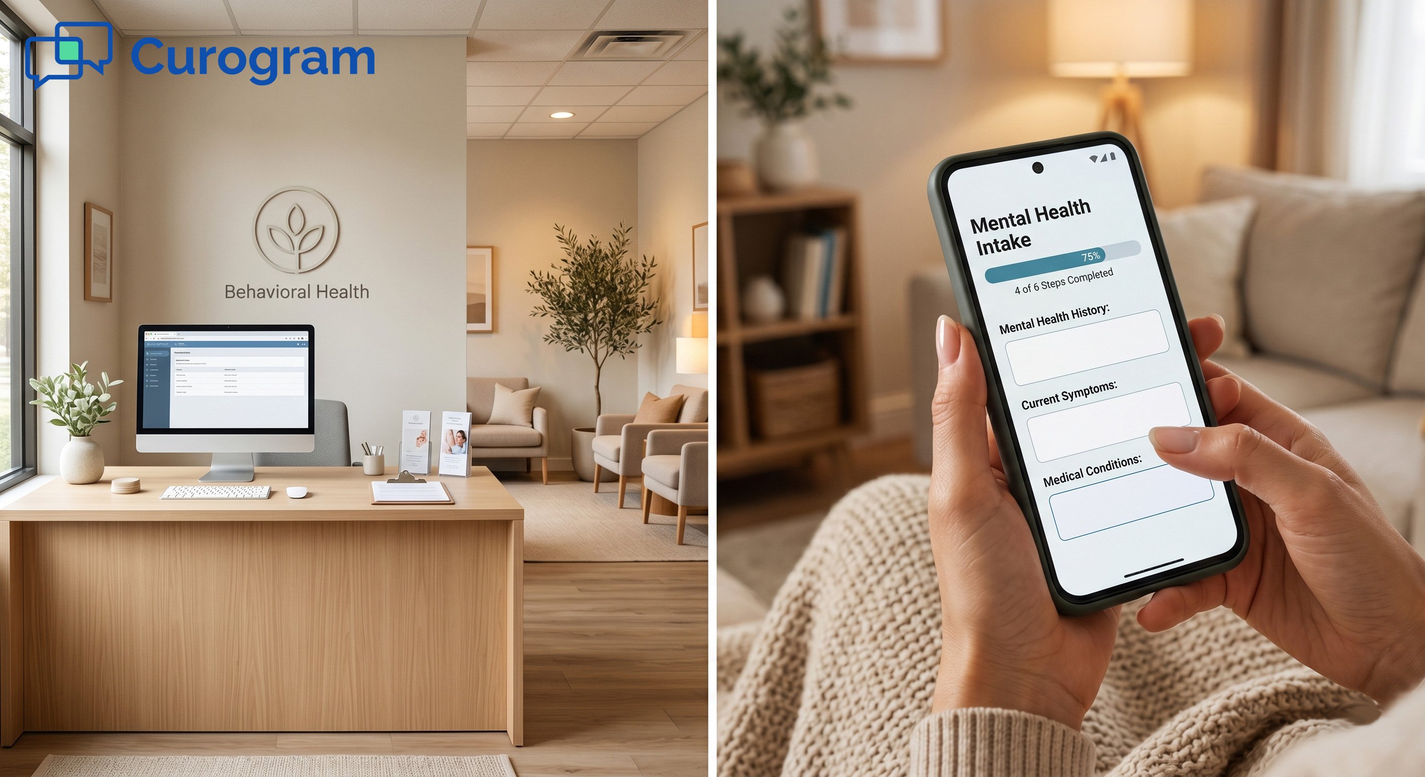 Welcoming clinic reception & user filling digital mental health form on smartphone