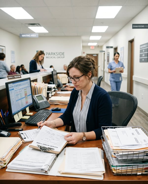 Receptionist at medical clinic desk, filling patient intake forms