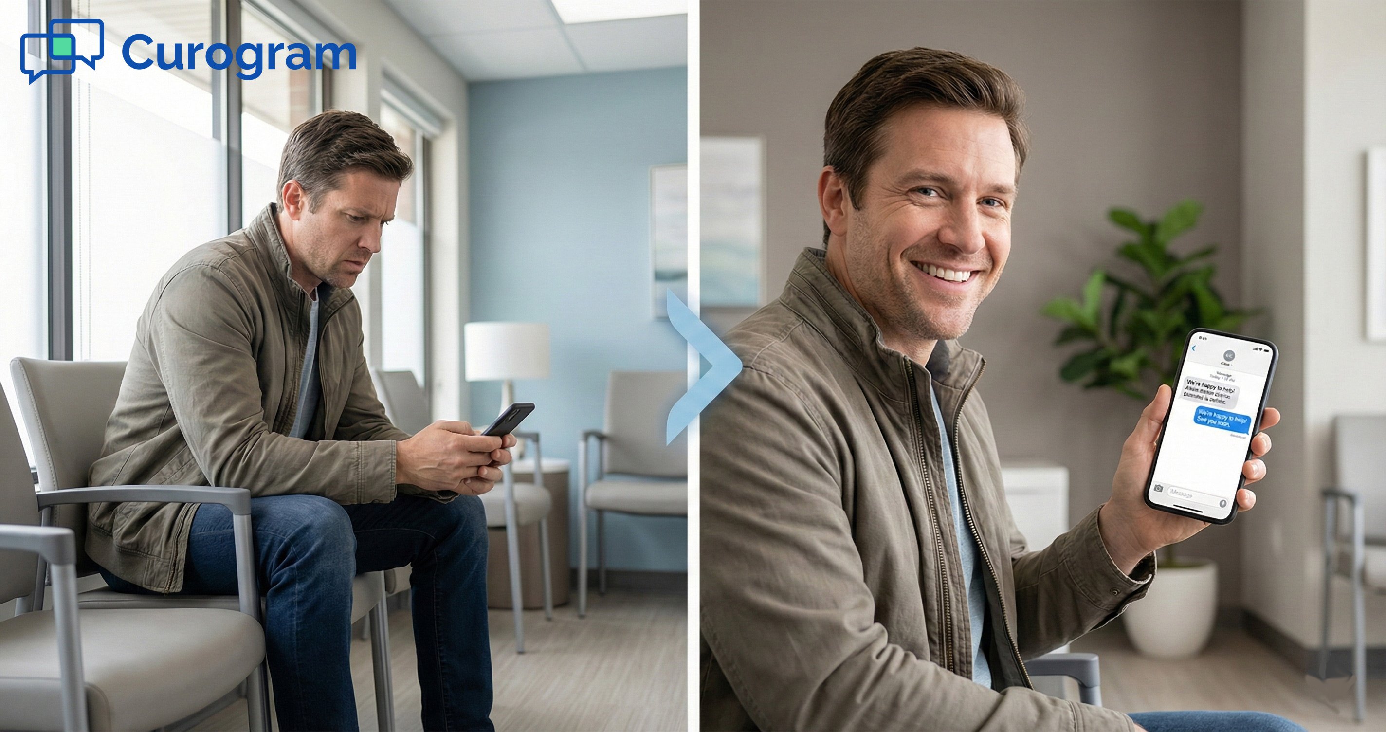 Patient transition from frustrated to happy after receiving a medical clinic text message