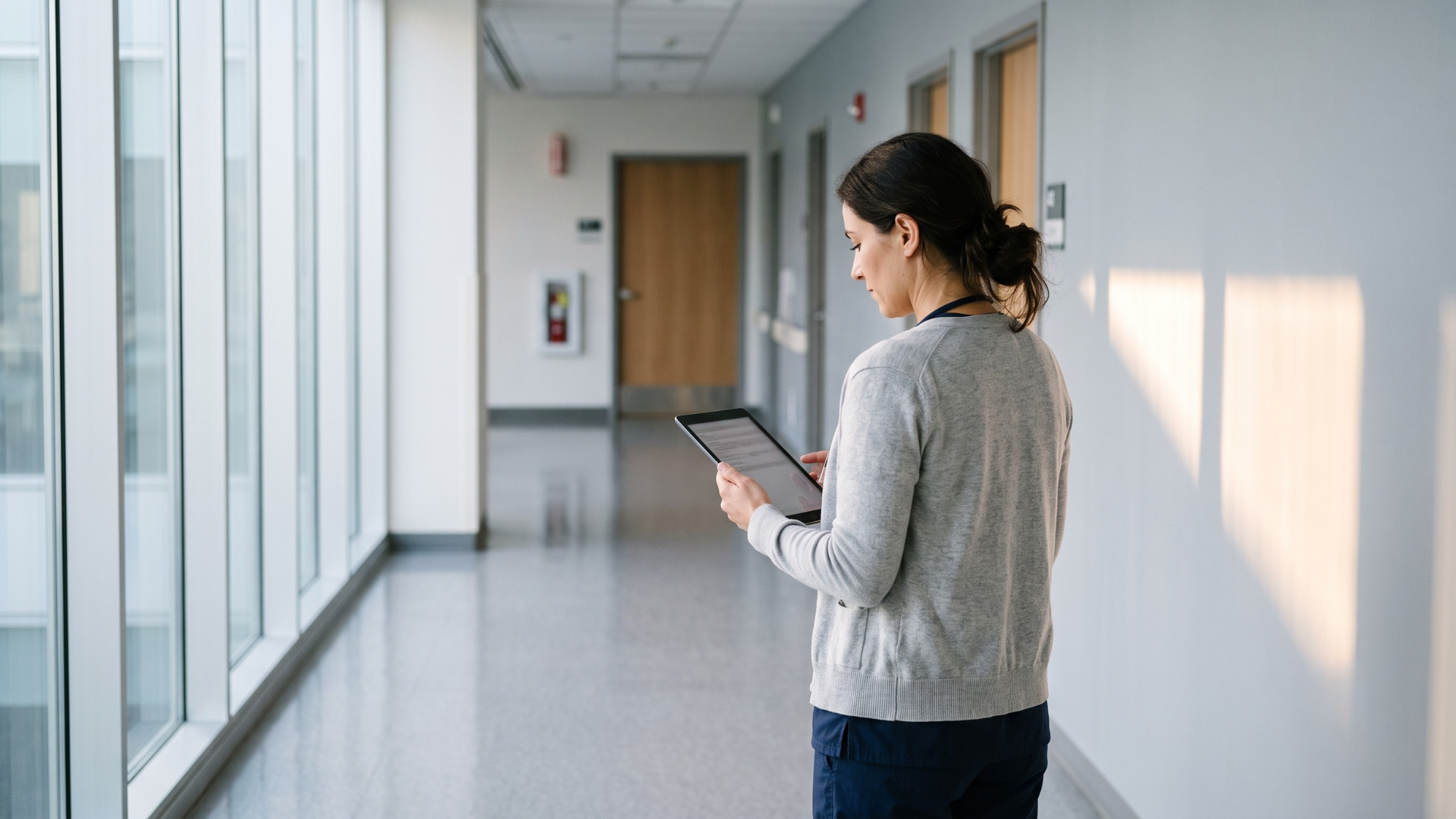 Clinician reviewing a completed patient intake history on a tablet before a first visit
