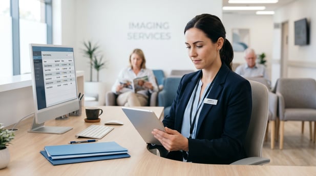 Medical administrator managing patient scheduling at a clinic desk