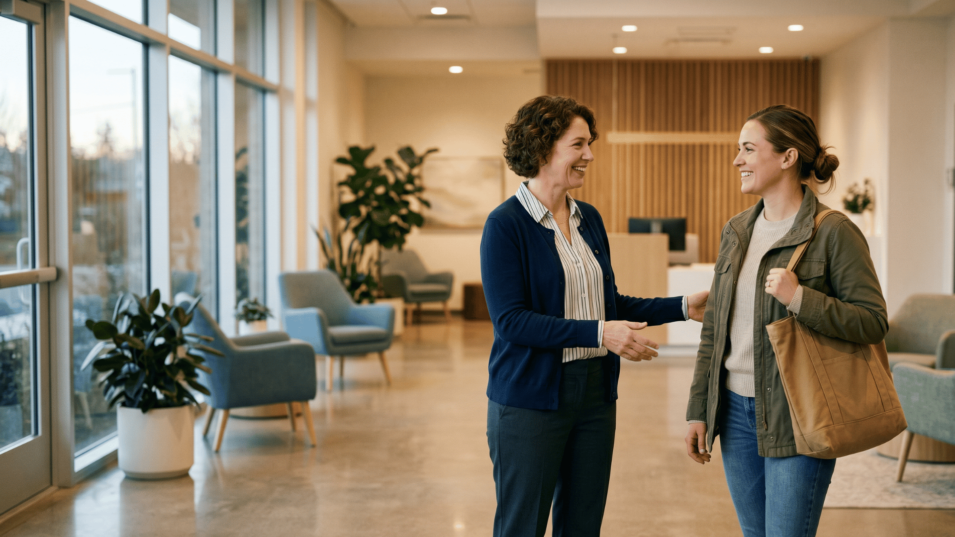Care coordinator warmly greeting an arriving client in a bright behavioral health clinic lobby