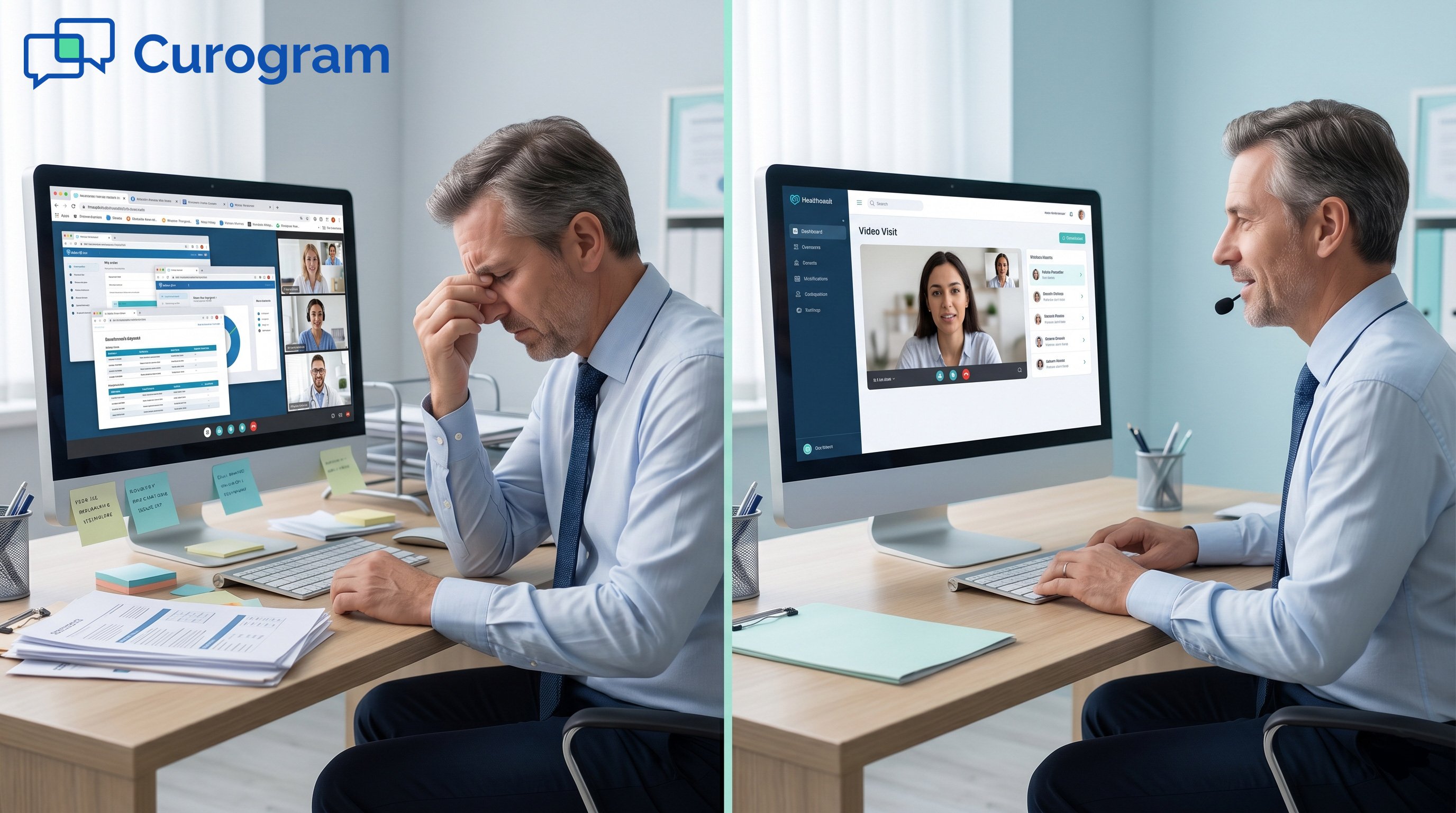 Frustrated vs. calm doctor using multiple vs. single dashboard for telehealth visits