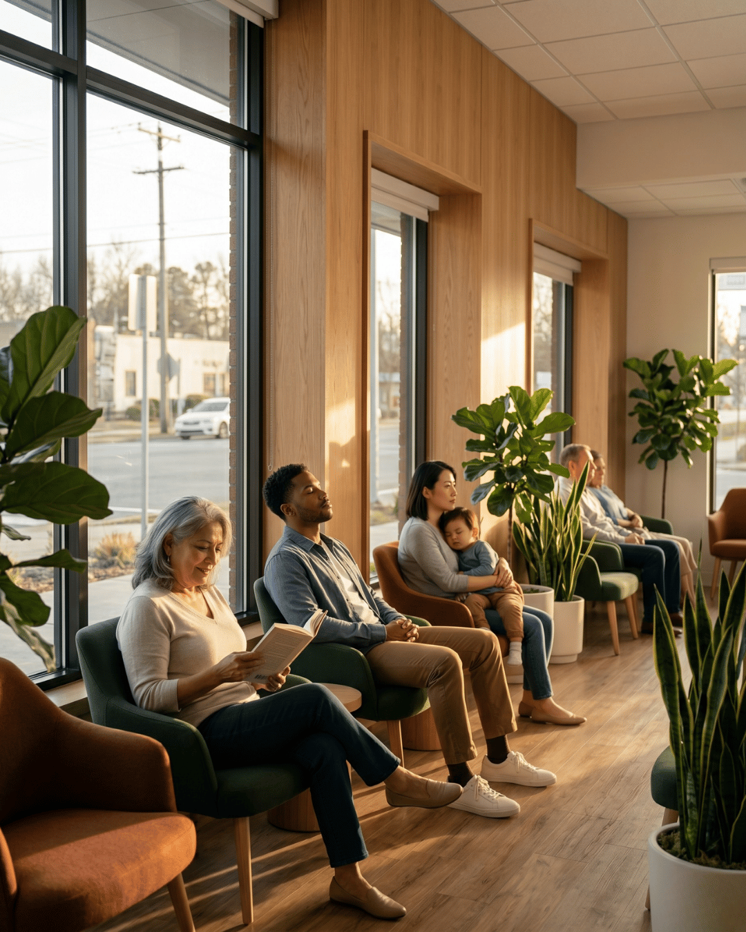 Diverse patients relaxed in a modern, trusted primary care practice waiting area