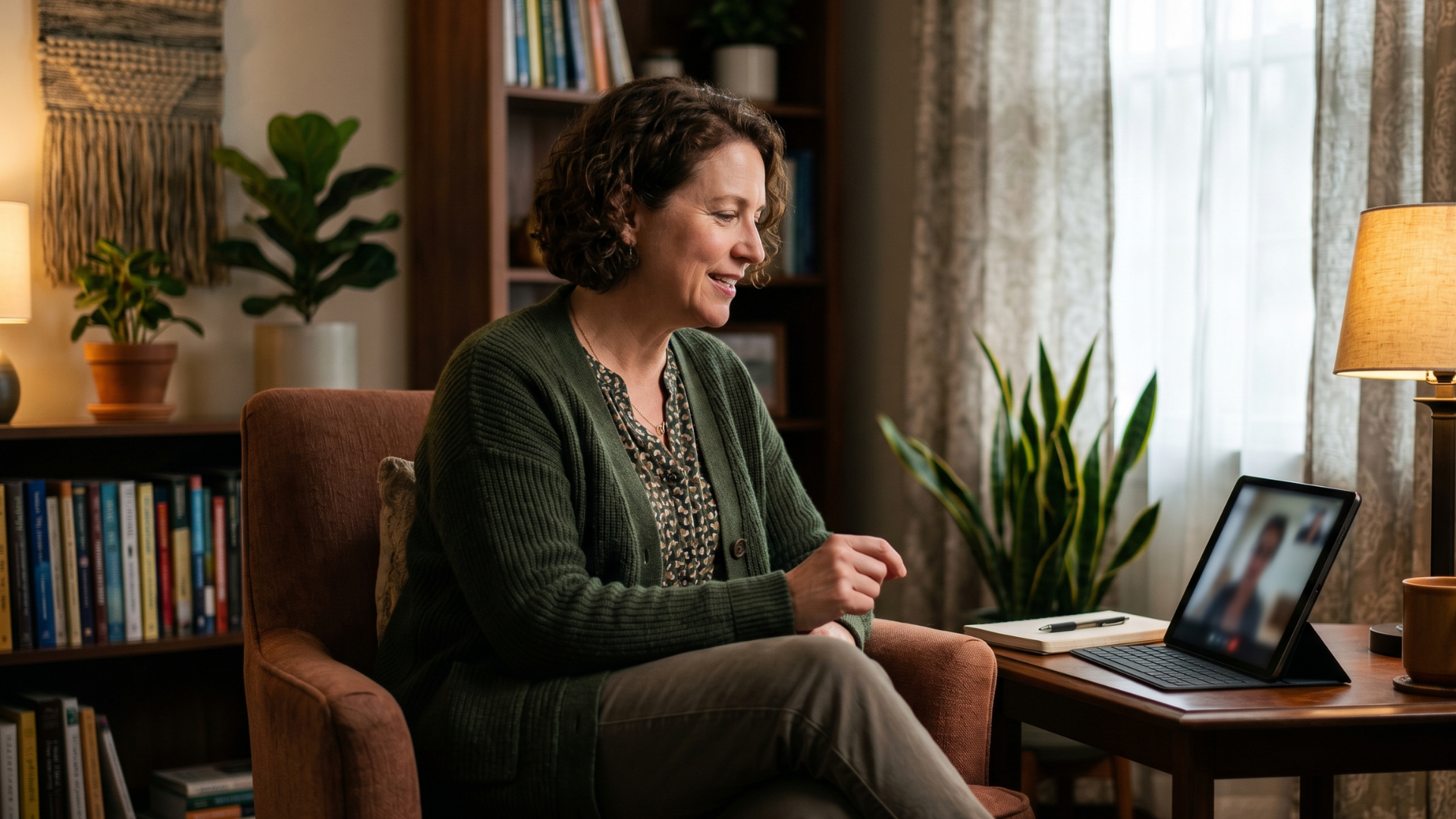 Behavioral health clinician in a calm office during a no-download telehealth video session