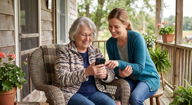 Supportive family helps smiling senior woman navigate technology on a comfortable porch setting