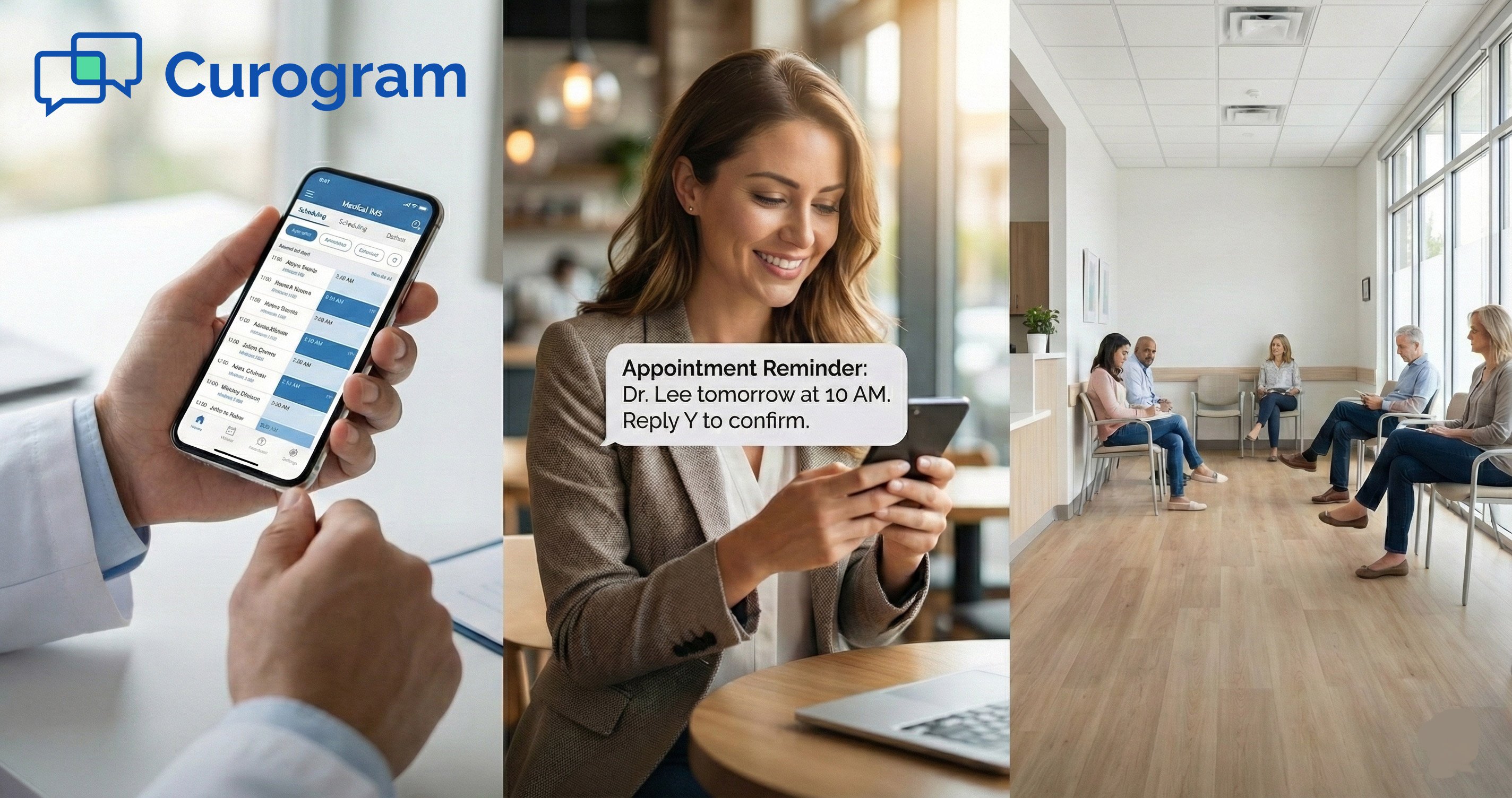 Collage showing medical scheduling, a patient viewing a reminder text, and a clinic waiting room
