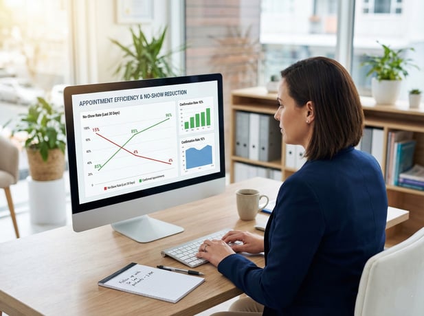 Woman viewing a computer dashboard showing appointment efficiency and no-show reduction data