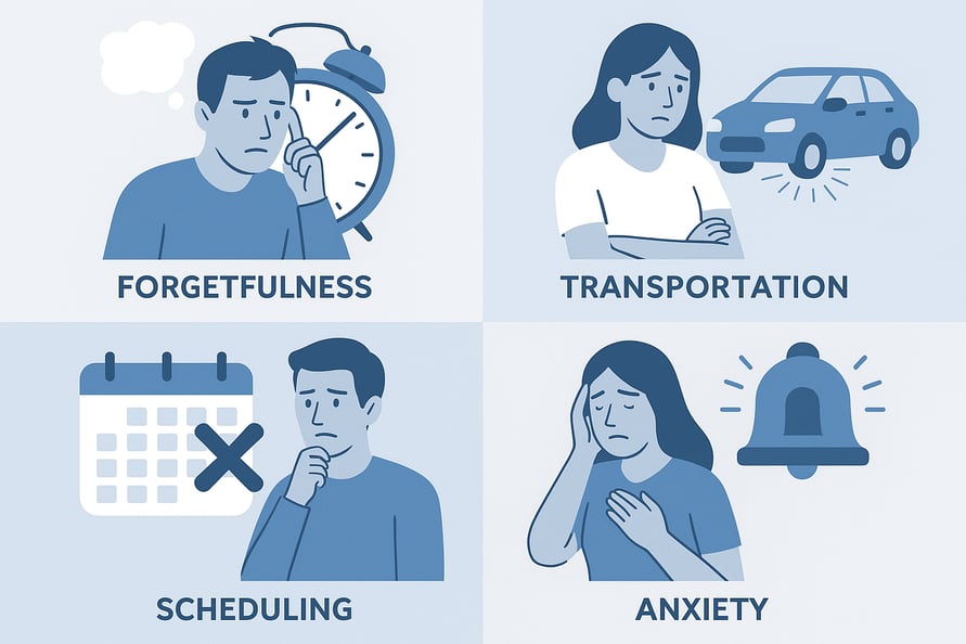 Composite image or illustration representing multiple common reasons why patients miss medical appointments: forgetfulness, transportation issues, scheduling conflicts, and anxiety. Use distinct visual elements for each reason within one image or as a series. 