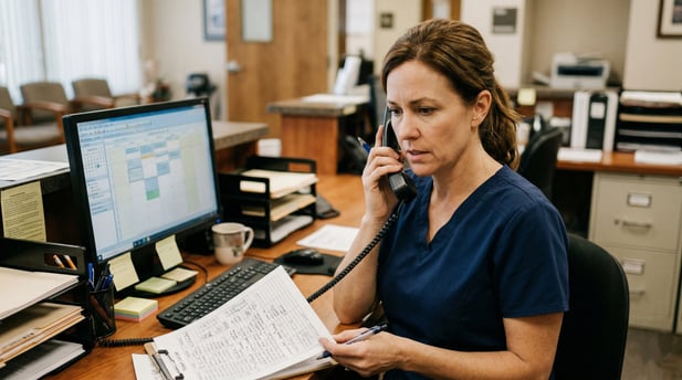 Medical receptionist manages manual patient call lists on phone at messy desk