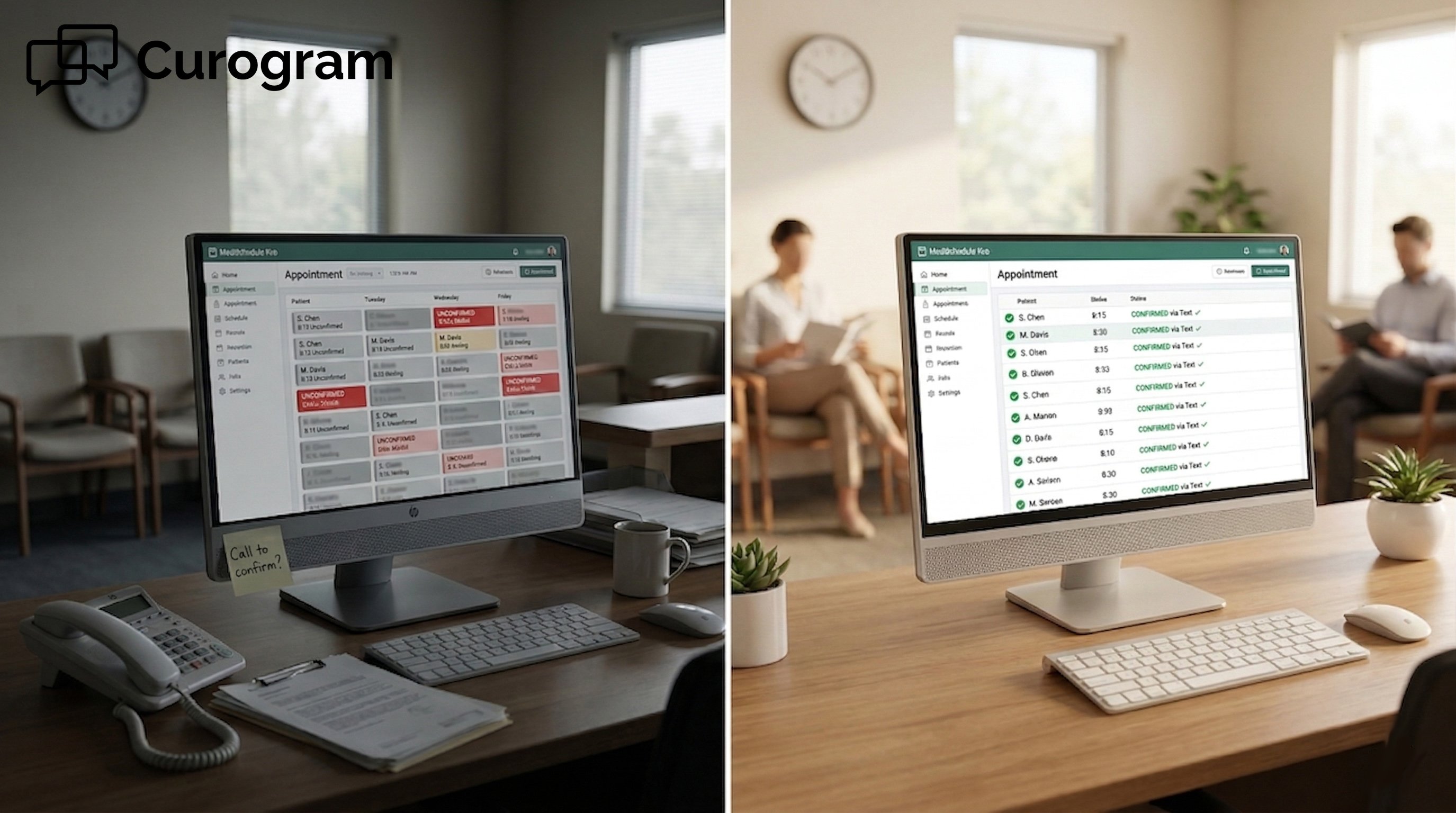 Split image comparison of manual medical scheduling versus automated confirmation