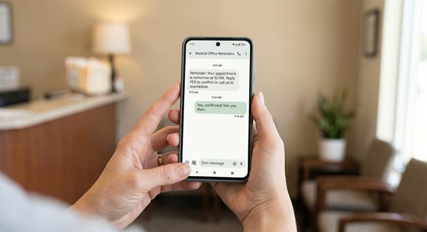 Close-up of patient replying "Yes, confirmed!" to a medical office reminder text