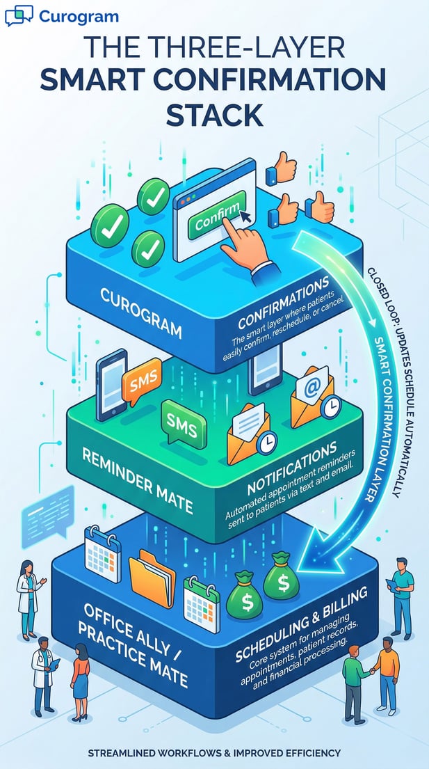 Three-step diagram: Scheduling, automated notifications, and confirmation loop