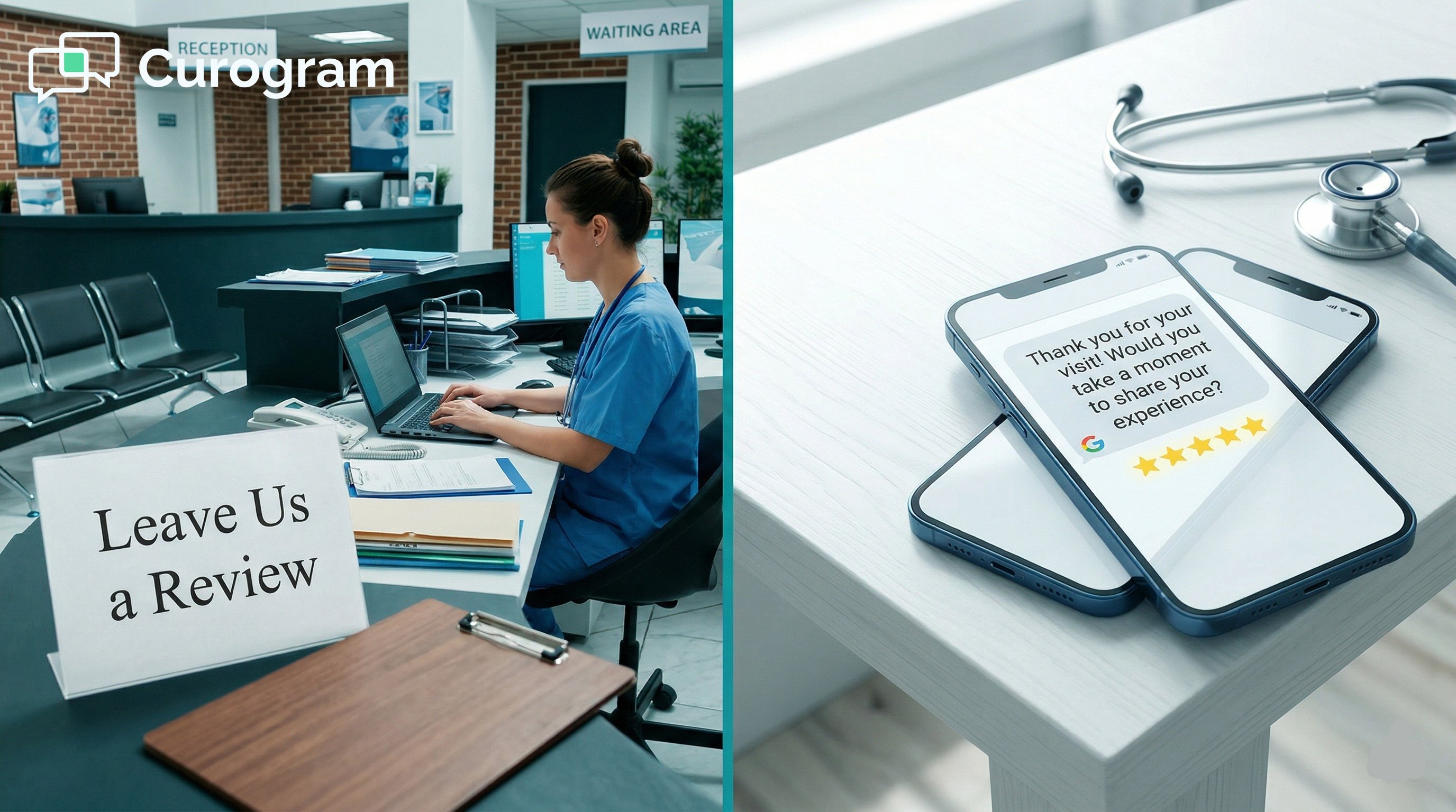 Medical receptionist at desk with clipboard vs. correct automated text for patient reviews