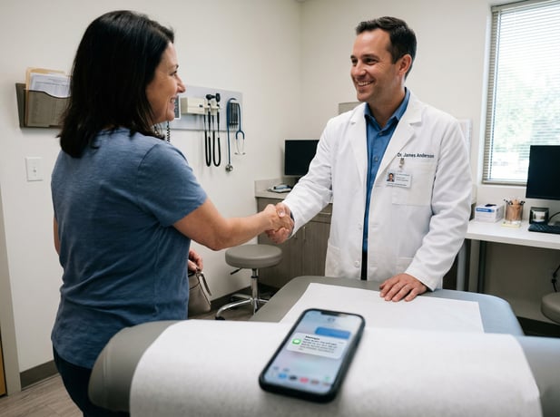 General practitioner Dr. Anderson shakes a patient's hand with automated review text visible