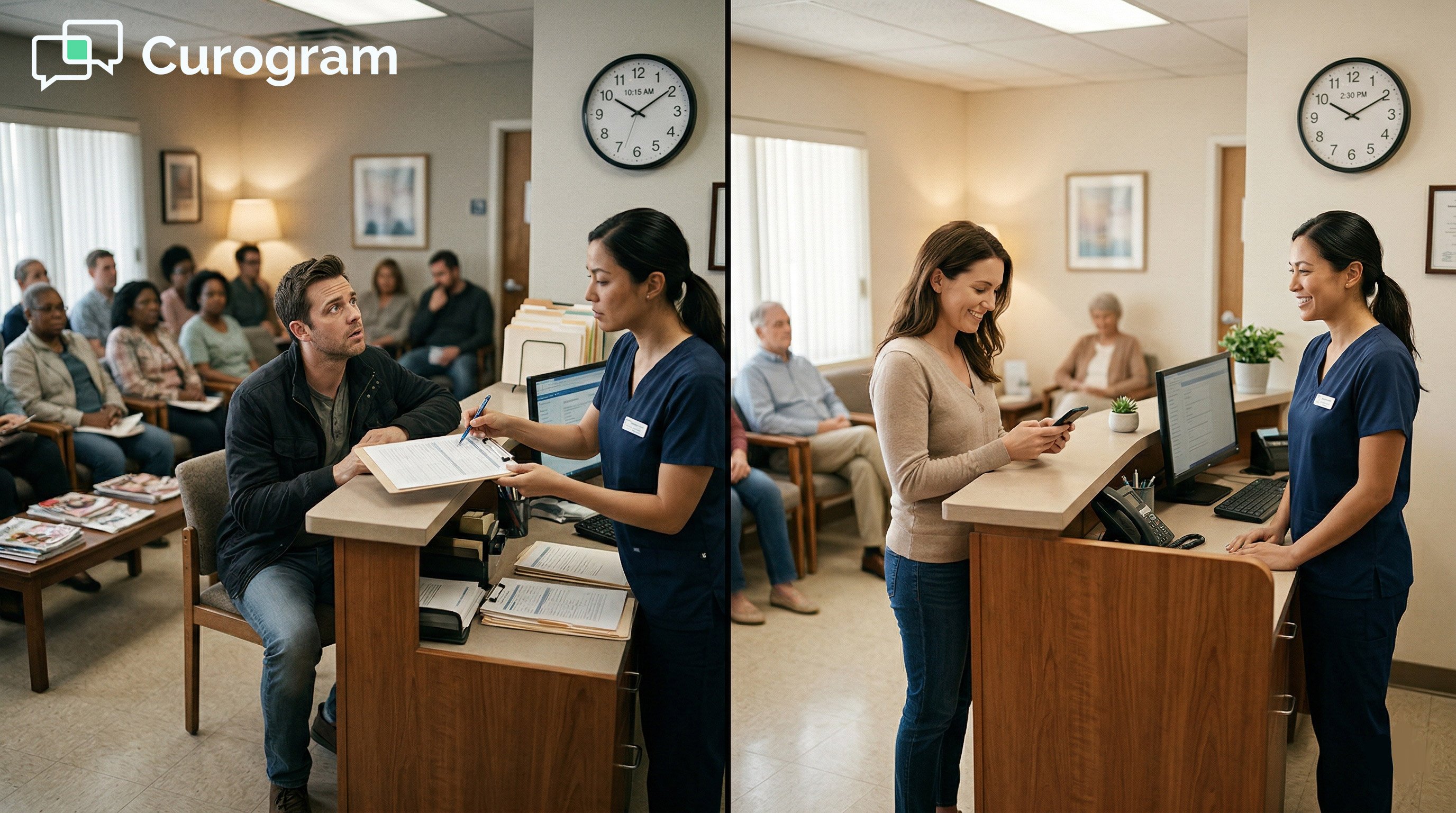 Split screen: old-fashioned busy waiting room vs. modern text check-in