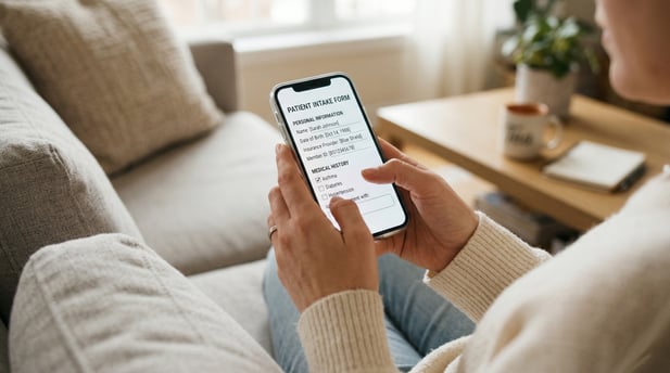 Close-up: a patient filling out medical intake form on smartphone