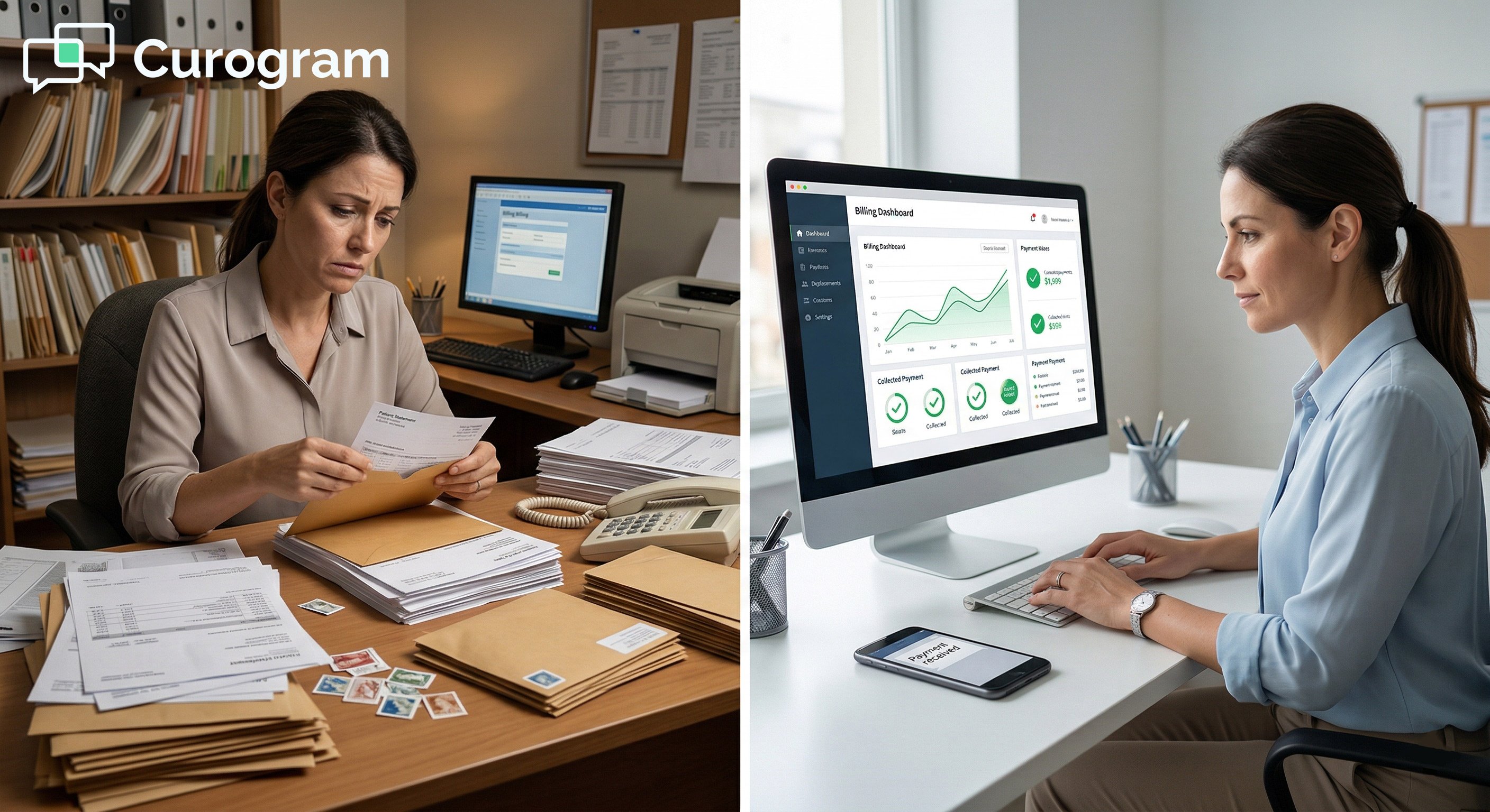 Photo contrasting overwhelmed manual billing with organized digital billing
