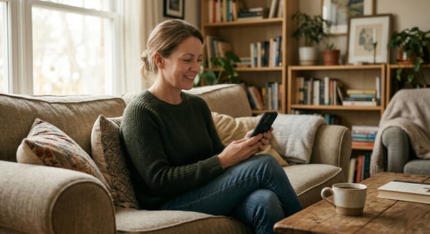 Candid photo of a patient on a couch receiving a healthcare billing text
